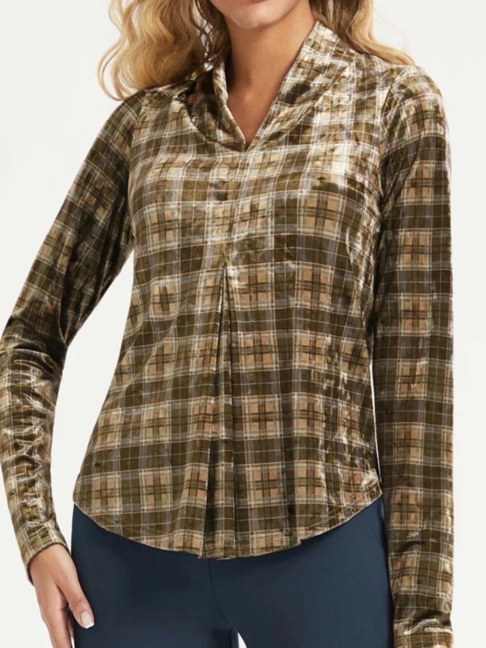 Beta brand LuxeVelvet Pleated V-Neck Top Plaid